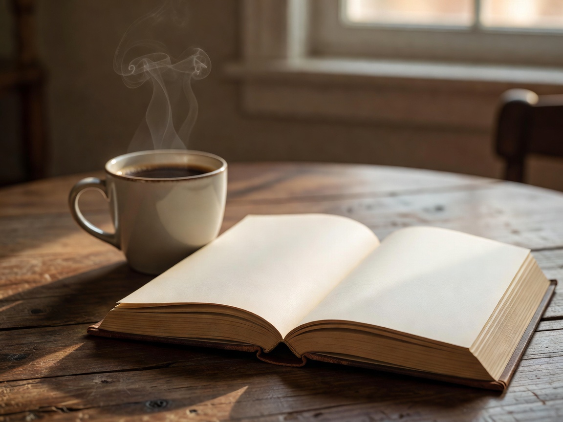 A steaming cup of coffee next to an open hardcover book