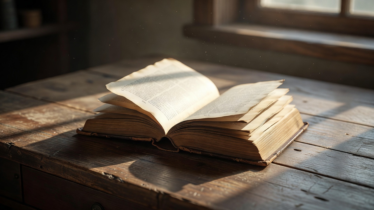 An open vintage book resting on a rustic wooden desk with afternoon sunlight