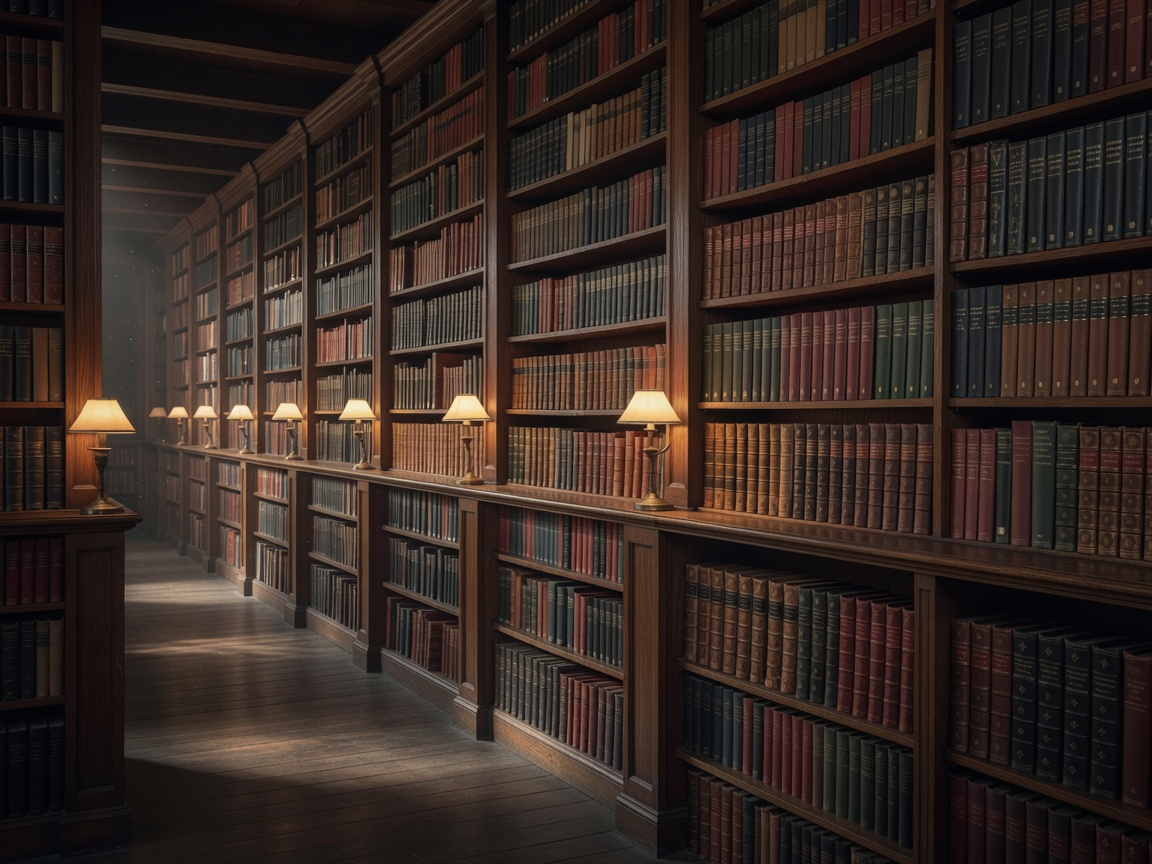 Rows of bookshelves inside a quiet dimly lit library