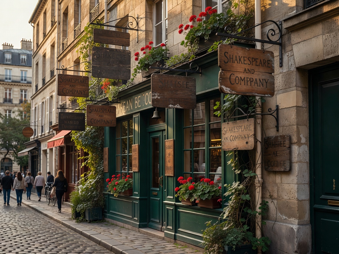 Shakespeare and Company exterior with wooden signs in Paris