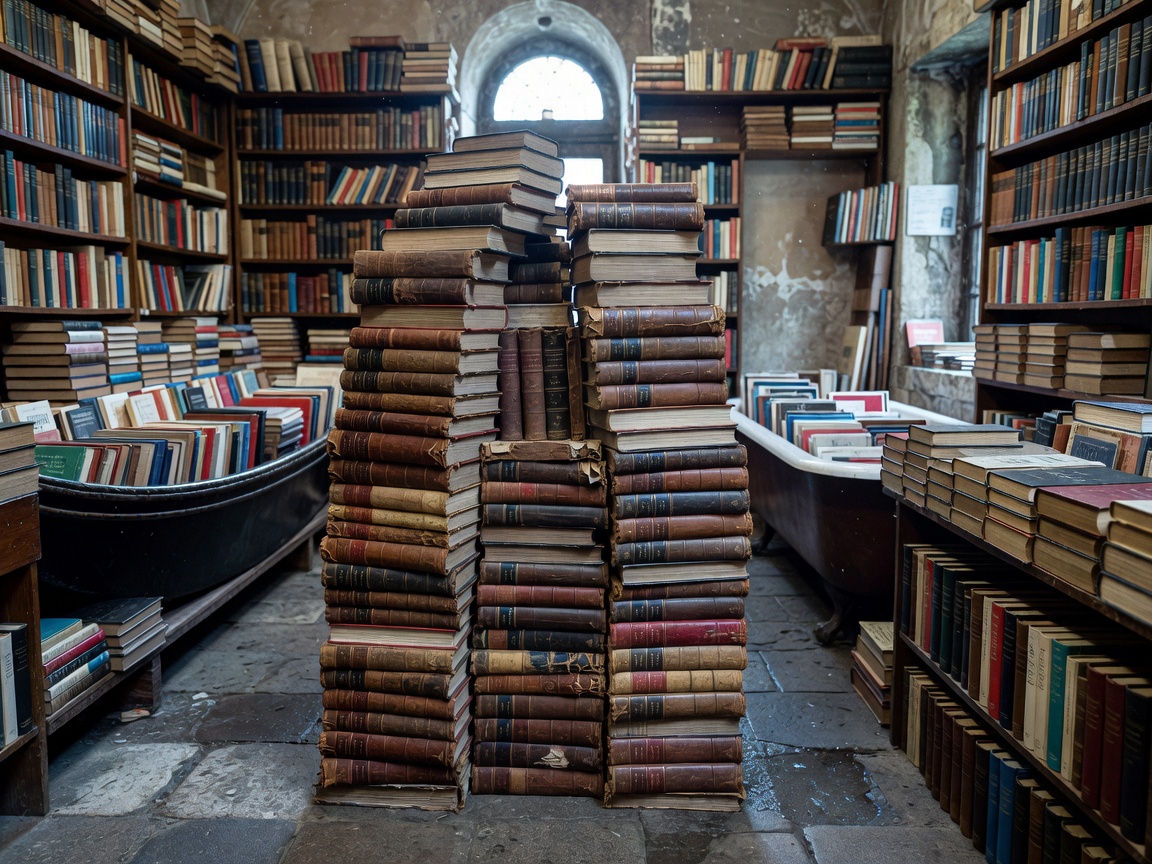 Stack of antique books inside Libreria Acqua Alta in Venice