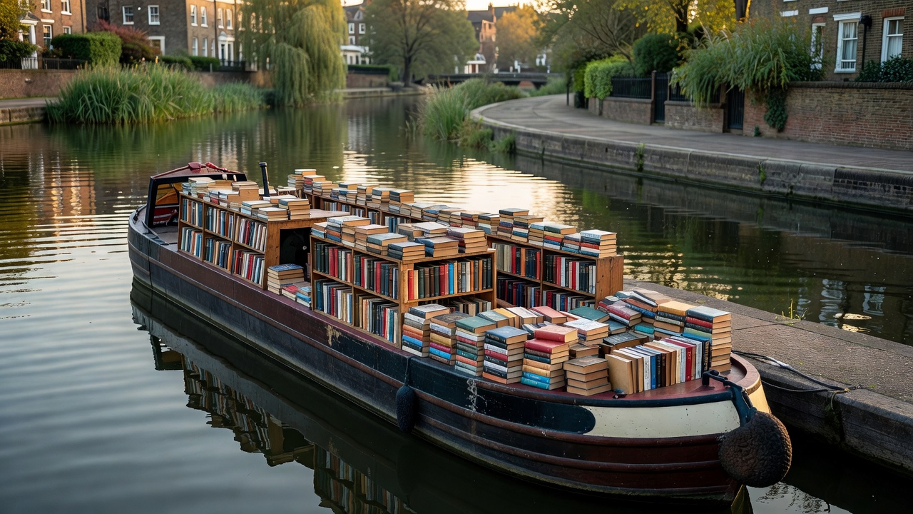 Word on the Water barge docked at Regent's Canal filled with books
